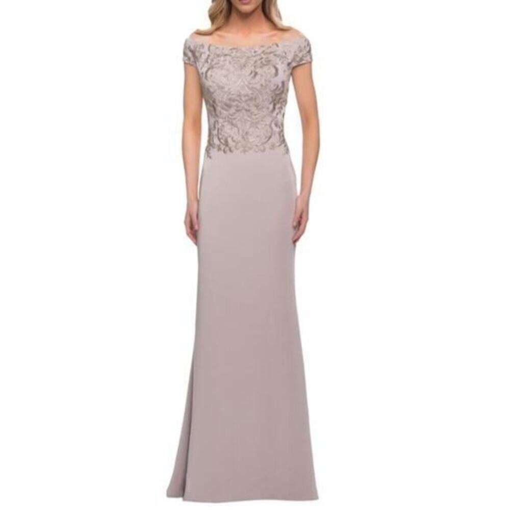 La Femme 29331 Embellished Off Shoulder Jersey Gown Light Taupe 10 Mother Bride